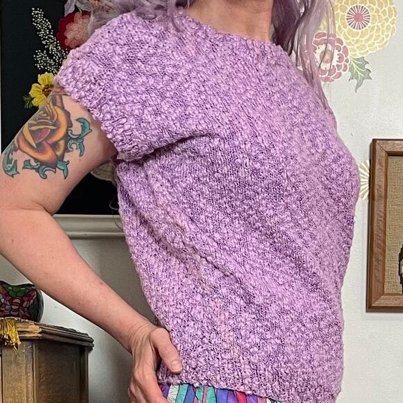 Vintage Lavender Chenille Sweater, 1980s Short Sleeve Pastel Knit Top Sz M-L - Picture 6 of 10